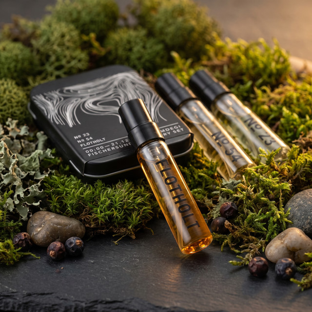 Fischersund Flotholt discovery sample arranged with moss, stone, juniper berries, and the darker discovery tin