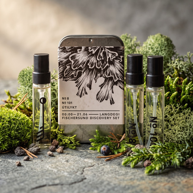 Fischersund lighter discovery set with Utilykt and No. 101 samples arranged among moss and stone