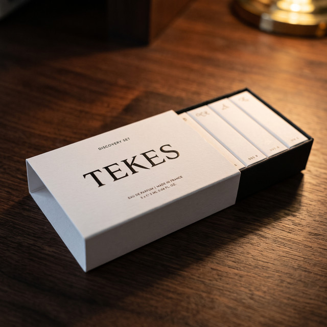 Tekes discovery set box and five fragrance sample cartons on a wooden desk